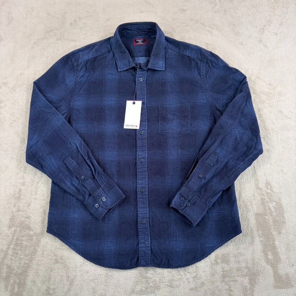 UNTUCKit Winfield Pocket Shirt in Navy Tartan Plaid Corduroy Men Large NWT